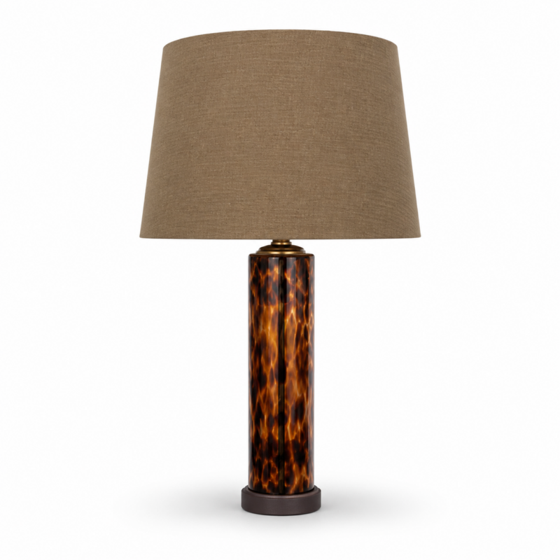 LEOPARD GLASS TABLE LAMP BROWN DRUM SHADE