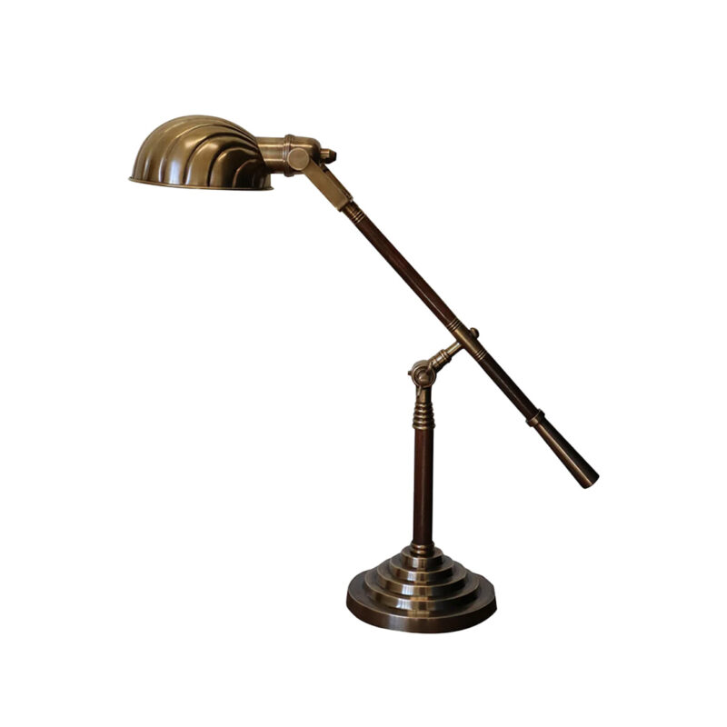 BRASS ANTIQUED FINISH & WOOD ADJUSTABLE CLAM DESK LAMP