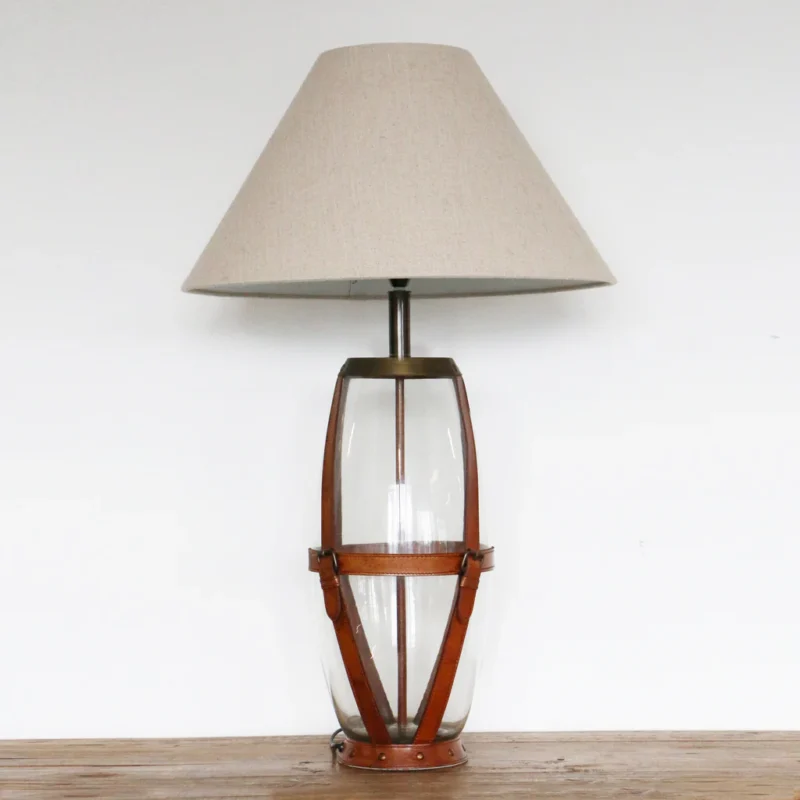 HERTFORDSHIRE GLASS, TAN LAMP AND CHARCOAL WOVEN SHADE