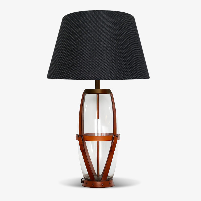HERTFORDSHIRE GLASS TAN LAMP AND CHARCOAL WOVEN SHADE
