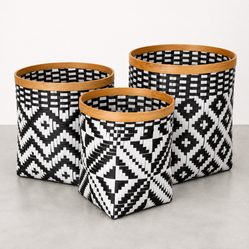 SET OF 3 SQUARE BASKETS WHITE AND BLACK